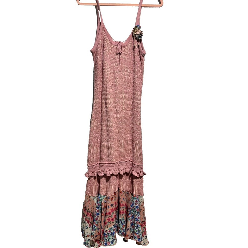 NWT Estela Maris By Seducao Womens Midi Dress Pink S Boho Knit Tassel Hem Floral